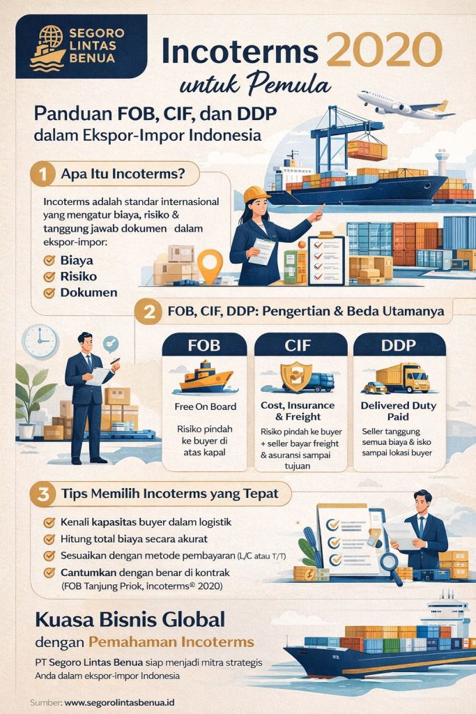 Infografis Incoterms 2020 ekspor impor Indonesia menjelaskan perbedaan FOB, CIF, dan DDP secara sederhana dengan ilustrasi logistik kapal, kontainer, dan distribusi global modern.