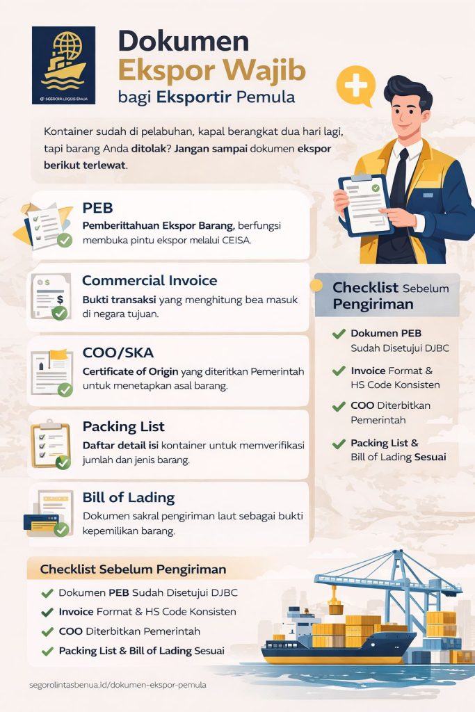 Infografis dokumen ekspor barang Indonesia untuk eksportir pemula mencakup PEB, commercial invoice, COO/SKA, packing list, dan bill of lading dengan checklist pengiriman logistik internasional.