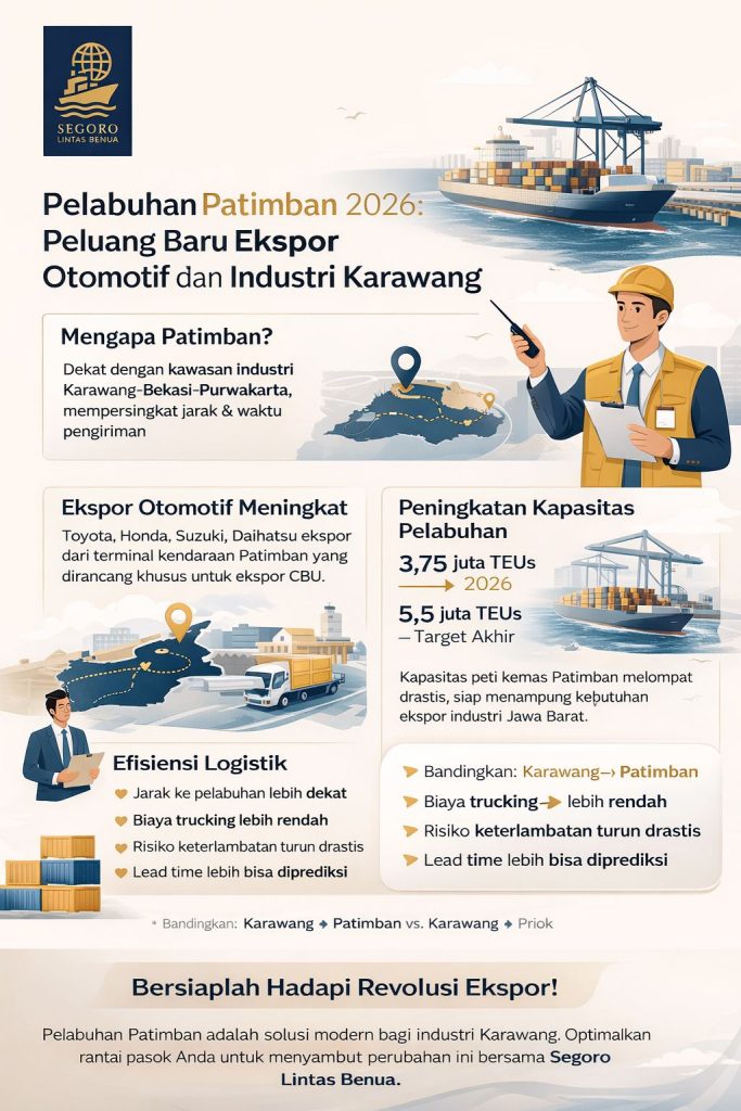 Infografis Pelabuhan Patimban ekspor Karawang 2026 yang menampilkan efisiensi logistik, peningkatan kapasitas TEUs, serta perbandingan rute pengiriman dari Karawang ke Patimban dibanding Tanjung Priok.